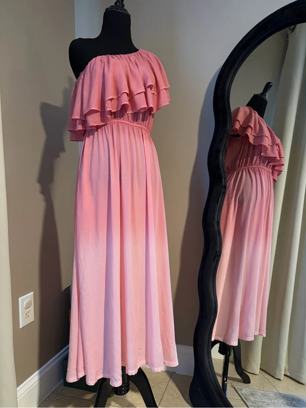 April Cornell Pink One Shoulder Ruffle Layered Modal Maxi Dress Size M